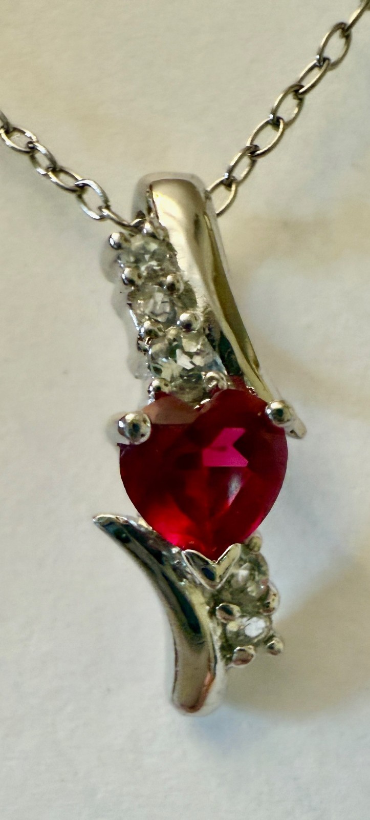 BSE 925 Sterling Silver Ruby Red Heart with 5 CZ Gemstones Necklace Pendant 18″