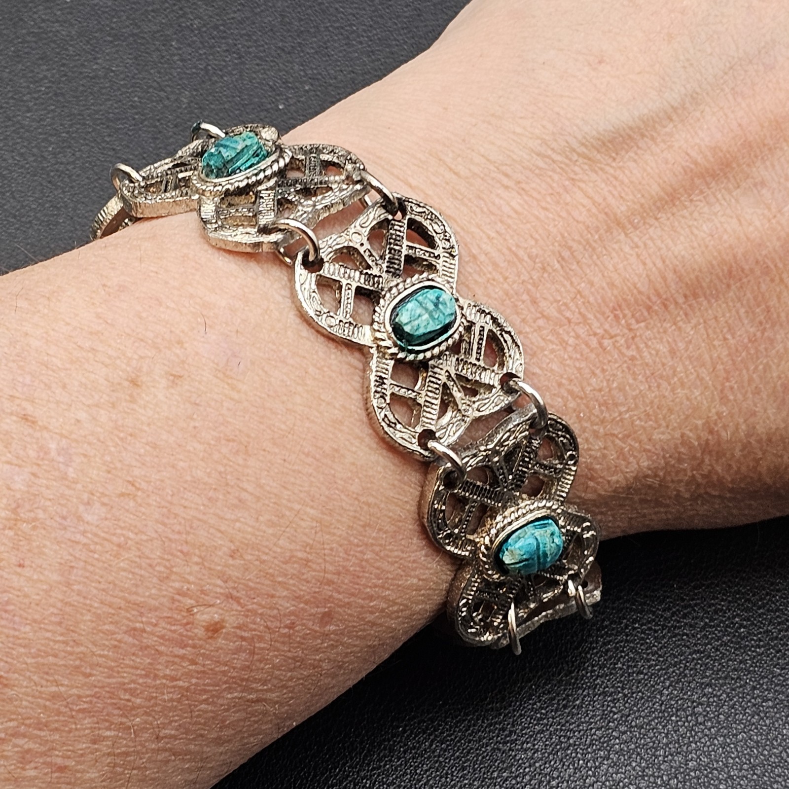 Vintage Egyptian Style Panel Bracelet Silver Tone Teal Stone Scarabs Style #1
