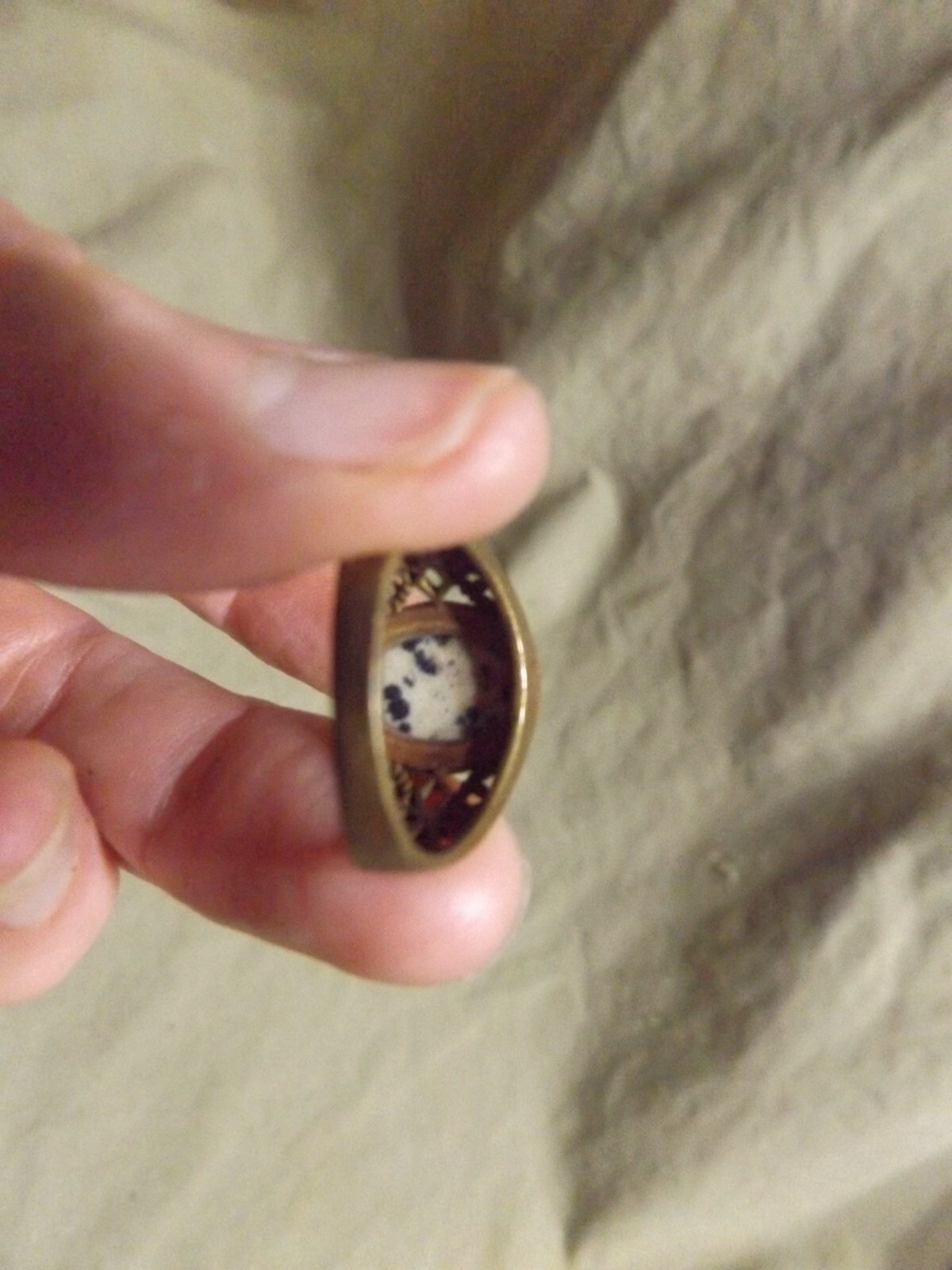 Vintage Cast Brass? Ring Dalmatian Jasper Oval Stone Unused Size 8.25+