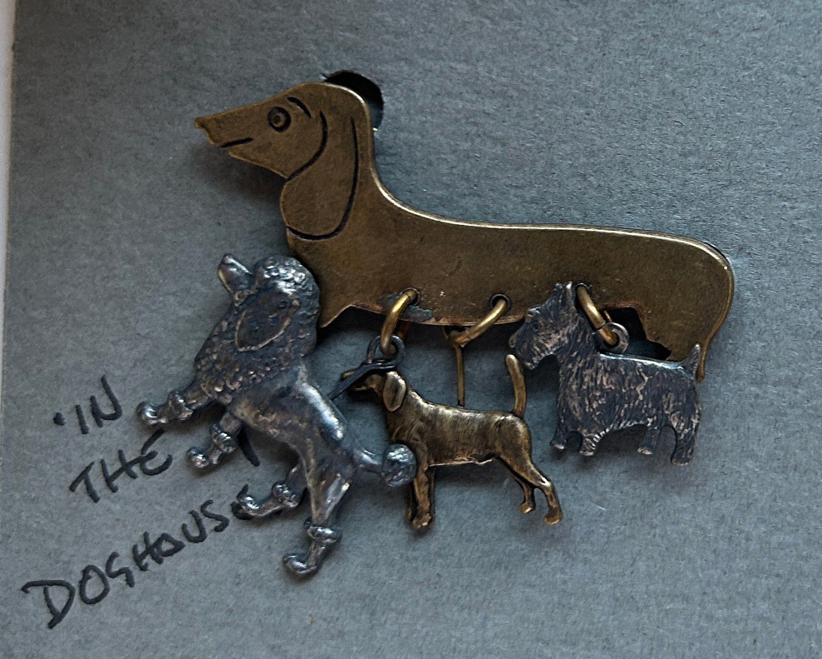 Artisan Dachshund Dog Pin/Brooch w/ 3 Dangling Dog Charms DOGS