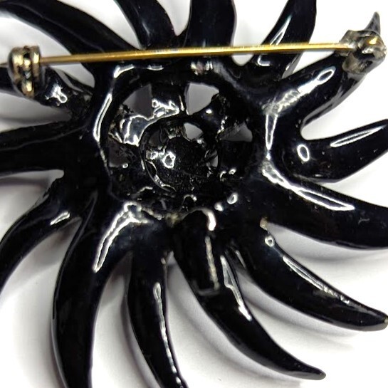 Vintage Mourning Brooch Black Rhinestone Japanned Pinwheel Signed Unreadable
