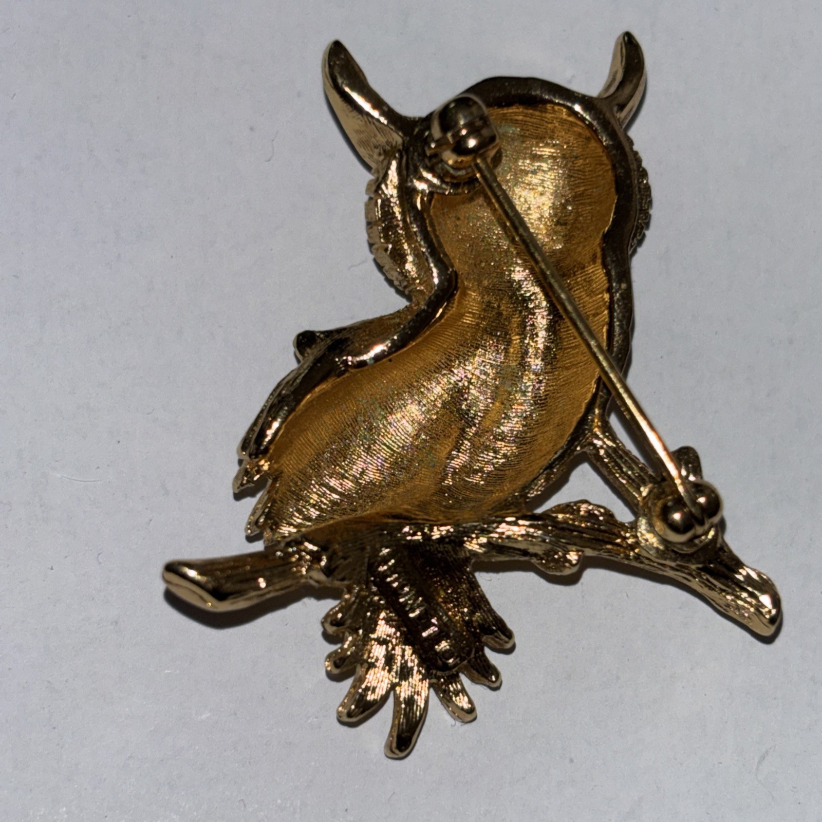 Vintage MONET Owl Brooch Pin with Green Rhinestone Eyes Gold Tone Setting