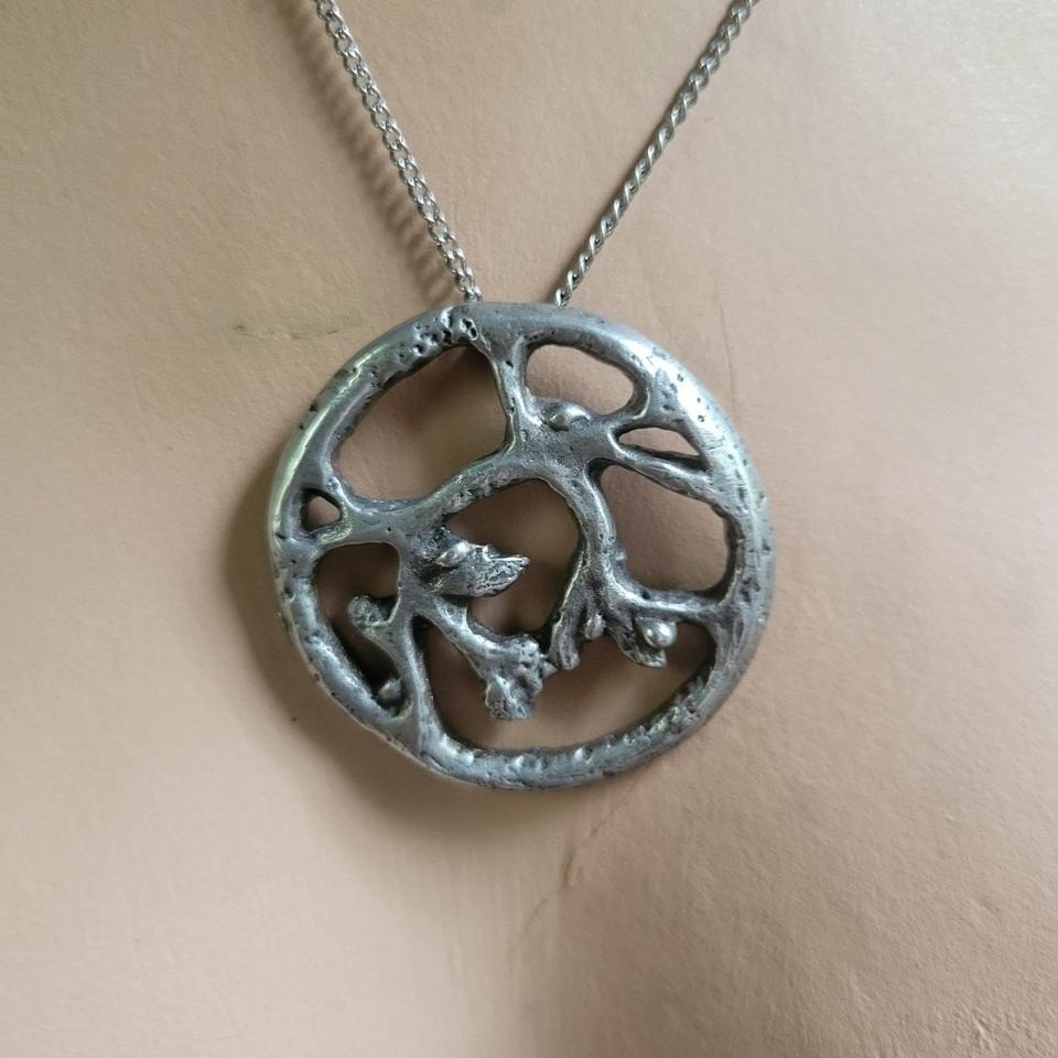 Vintage Brutalist Abstract Silver Tone Cast Branch Circle Pendant Necklace 70s