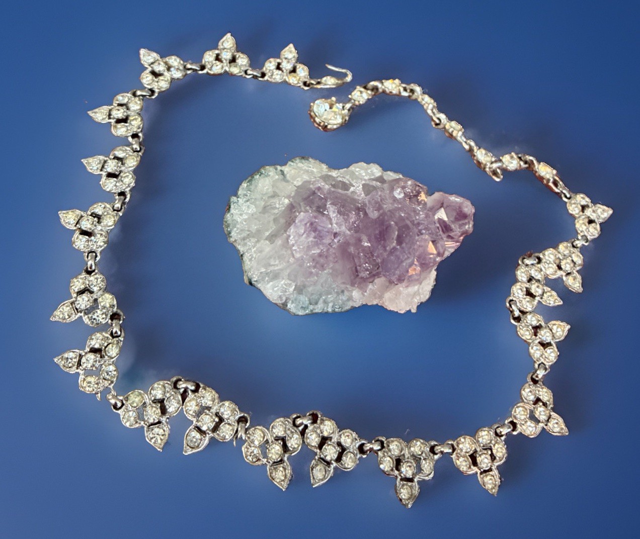 1940s Rhodium Plated necklace 16” Signed Albion Clear Rhinestone Deco “rare”
