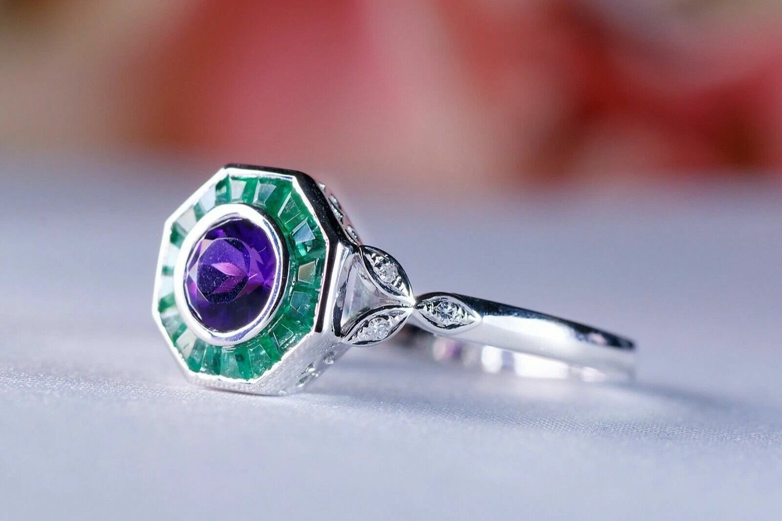Art Deco Style Amethyst & Emerald Lab Created Diamond 925 Silver Engagement Ring