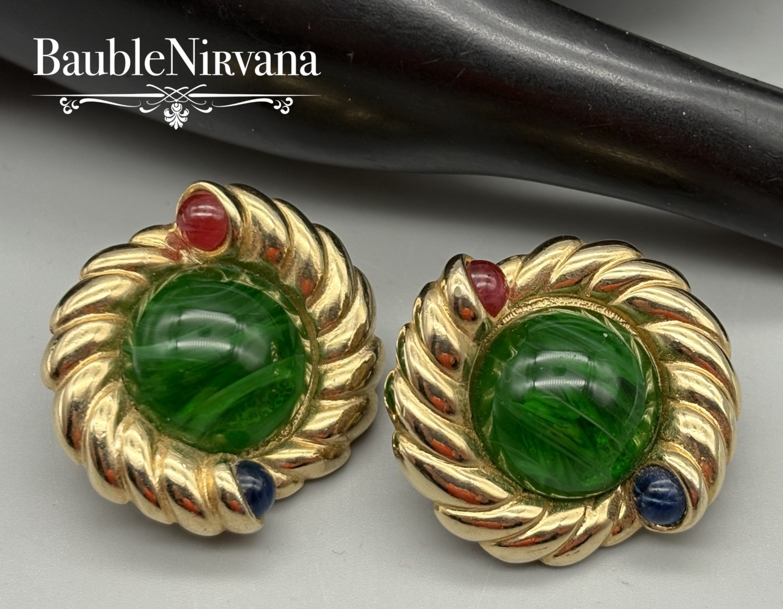 Vintage Jewels of India Gripoix Green Cable Design w/Cabochons Chunky Earrings