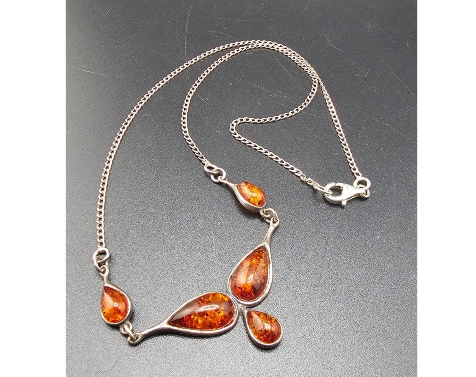 Vintage Baltic Amber & .925 Sterling Silver Teardrop Bib Necklace