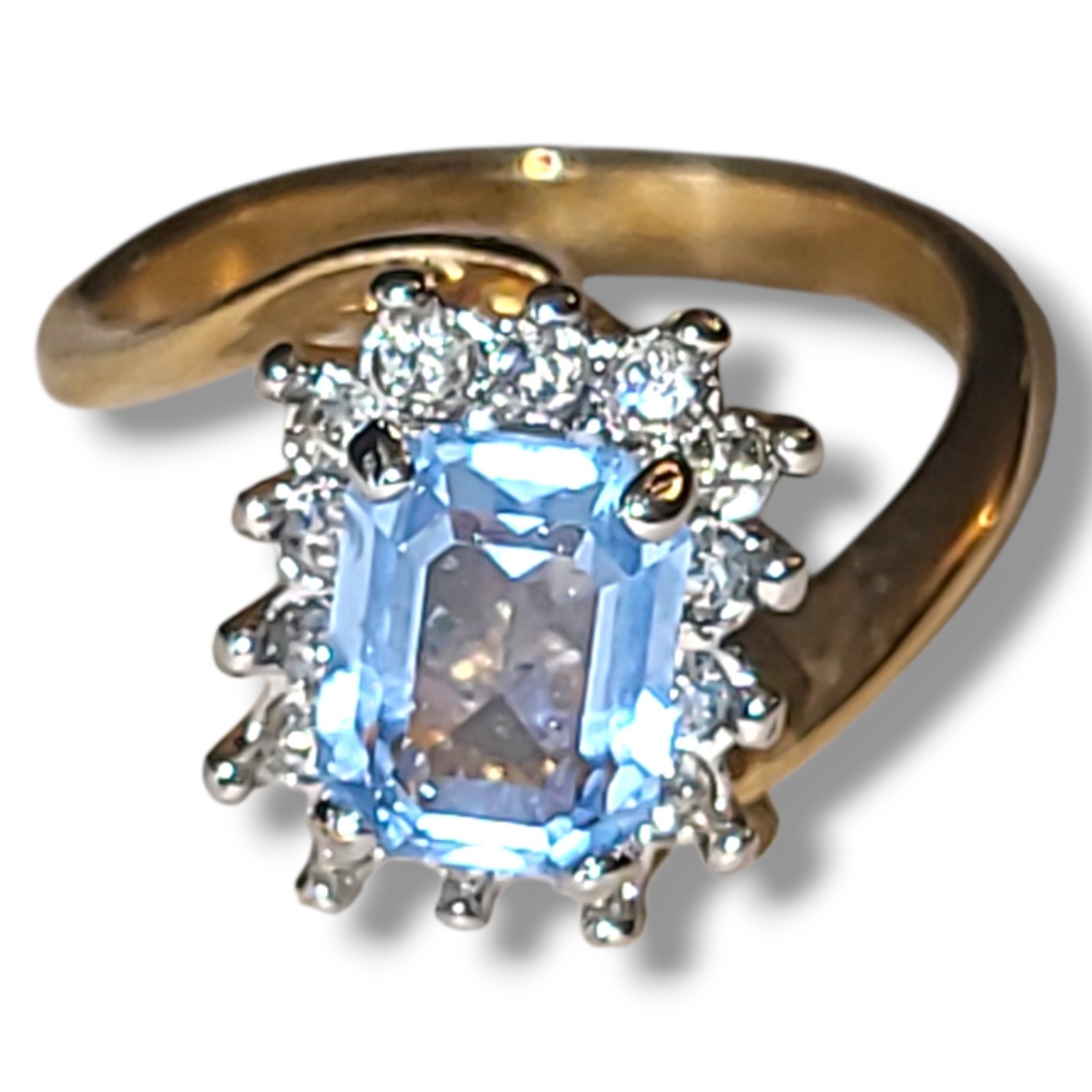 Vintage 18K HGE Light Blue CZ Halo Cocktail Ring Gold Tone Statement Size 8