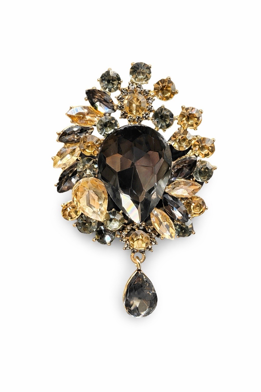 Vintage Rhinestone Brooch Dangle Pendant Smoky Black Gray Topaz Statement Pin 3”