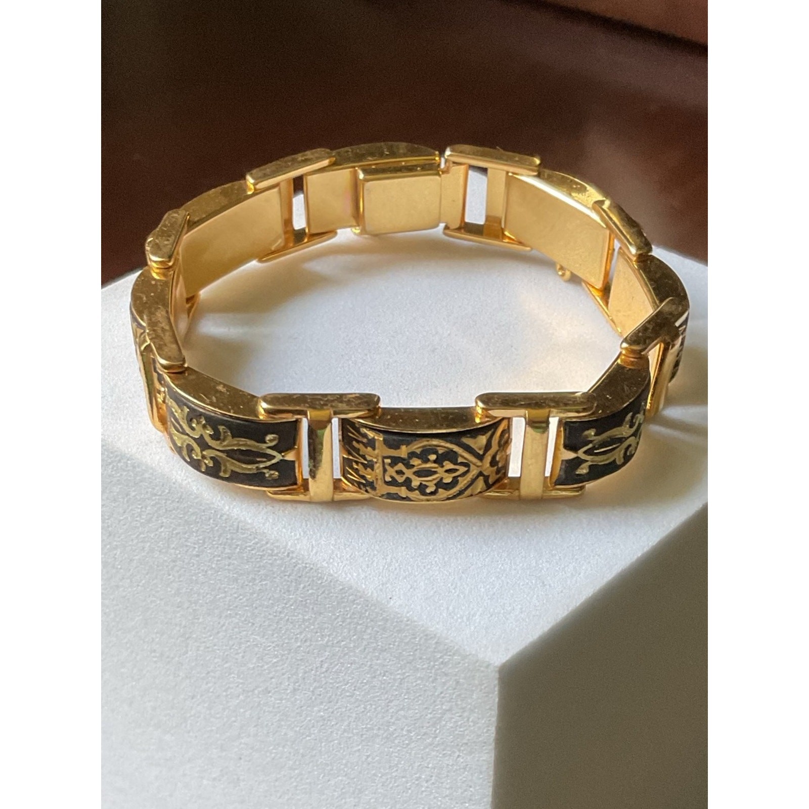 Vintage Damascene Linked Panel Bracelet Gold Tone 7.25” Repair Craft