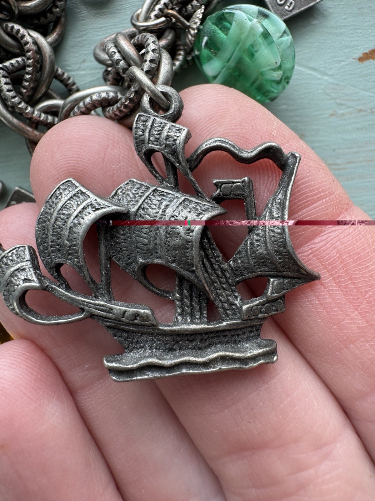 Vintage 1950s Silver Tone Chain Charm Bracelet Patriotic US Navy Liberty Bell