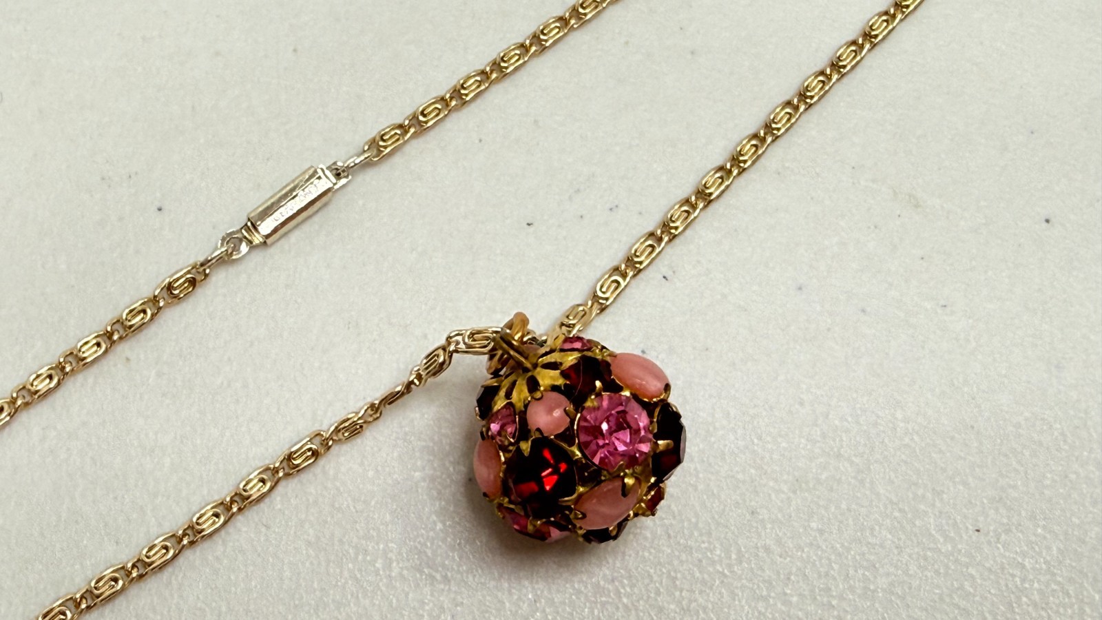 Vintage Necklace Choker Germany Disco Ball Style Pink Gemstones Gold Tone Chain