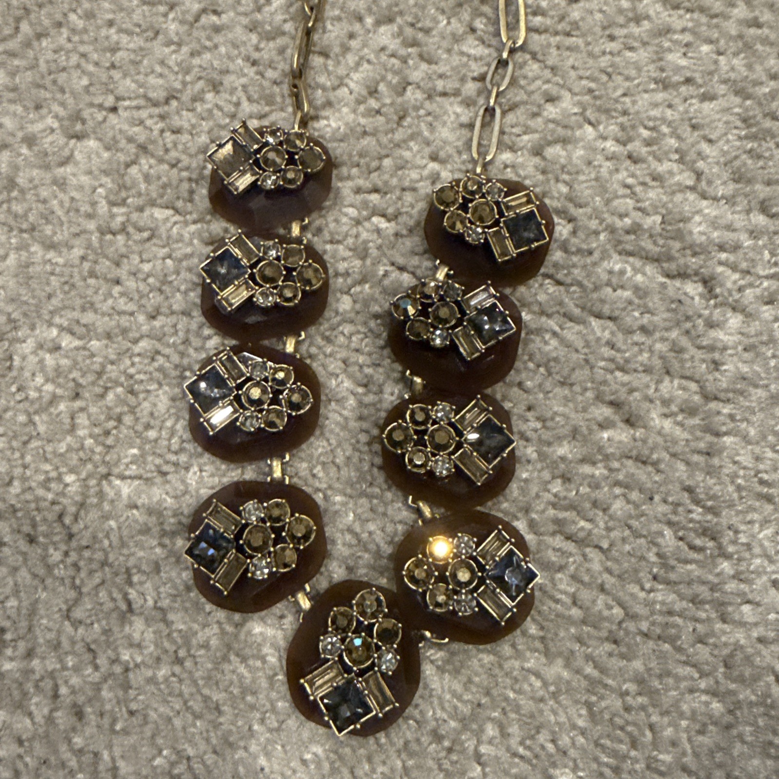 VTG J.CREW FACETED SMOKE LUCITE AND MULTICOLOR RHINESTONES NECKLACE 16”GOLD TONE