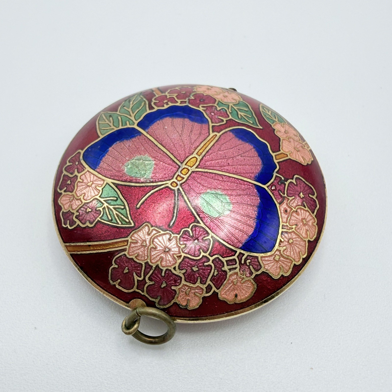 Vintage Cloisonne Butterfly Pendant Enamel Red Blue Peach Floral Double Sided