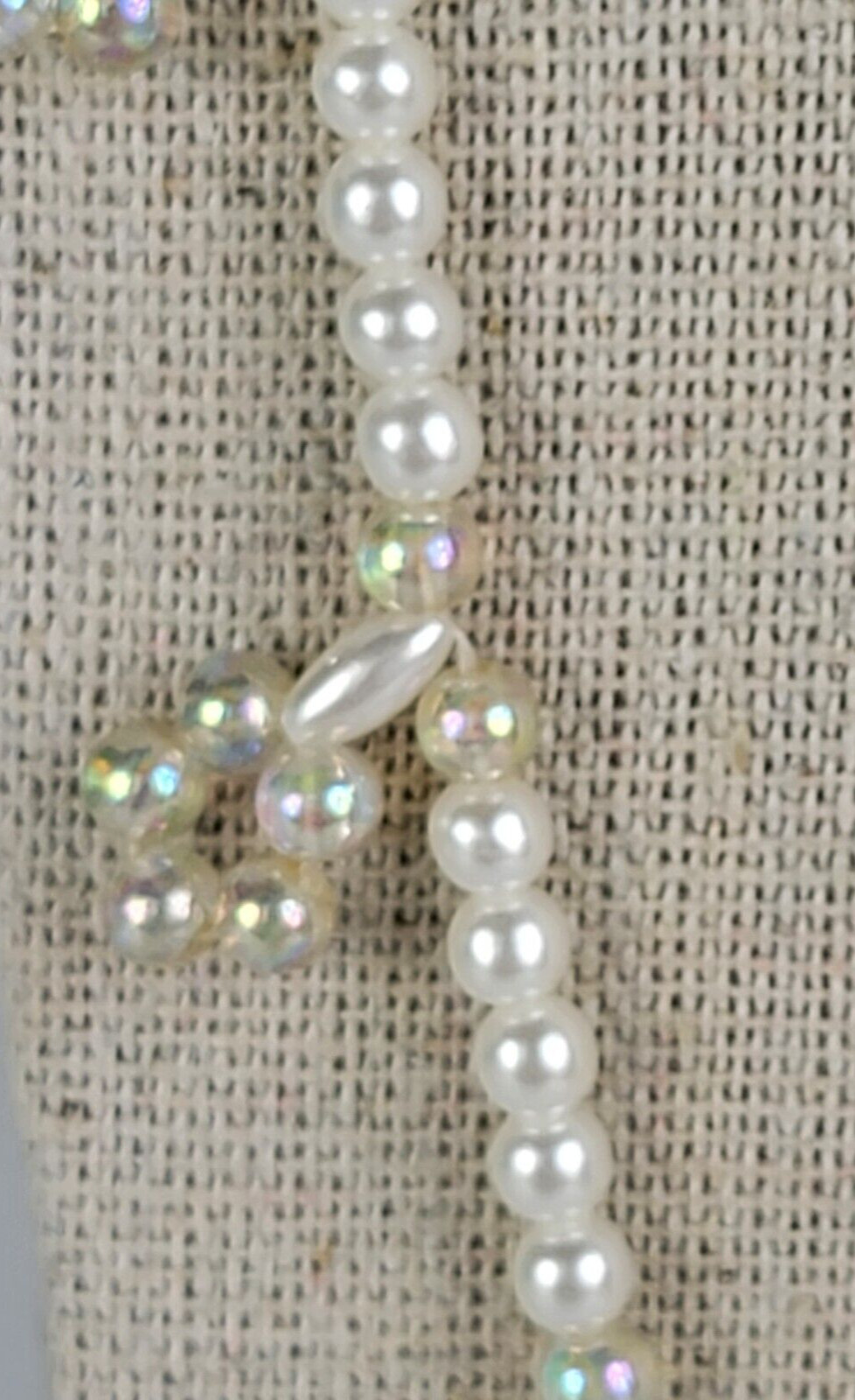Vintage White AB Faux-Pearl Flower Charm Beaded Necklace 25 in Box Clasp