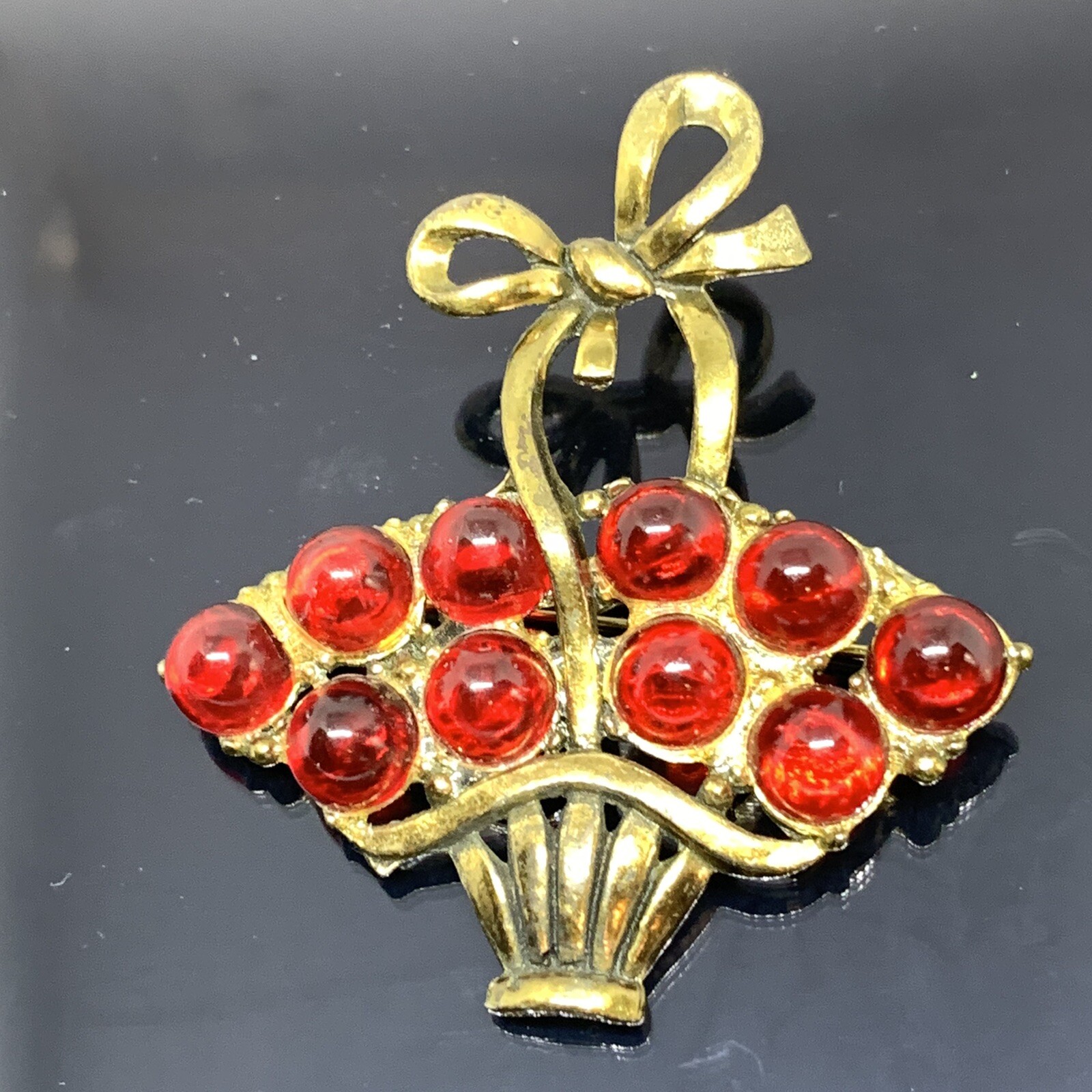 Antique Basket Brooch Red Poured Glass Gripoix Cabochons 1920s 1930s Cherries