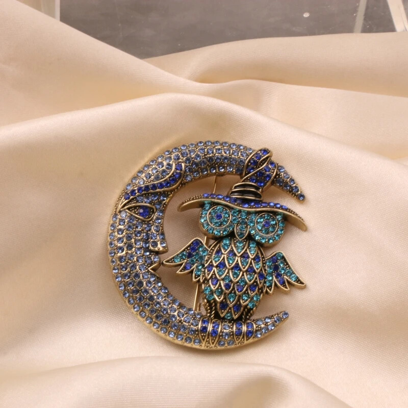 Retro Moon Rhinestone Crystal Owl Brooch Collectible Pin Accessory for Women
