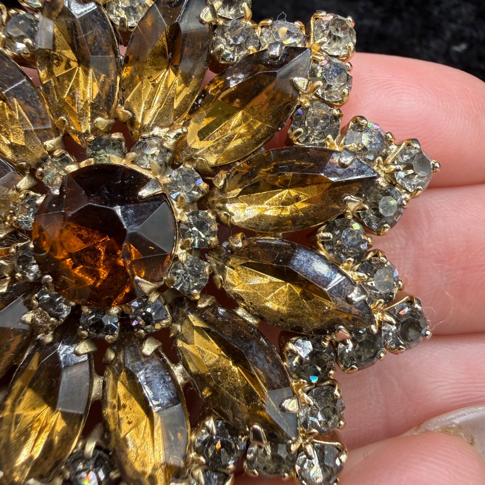 Vintage Rhinestone Brooch Orange Gold Tone Browns Lots of Sparkle