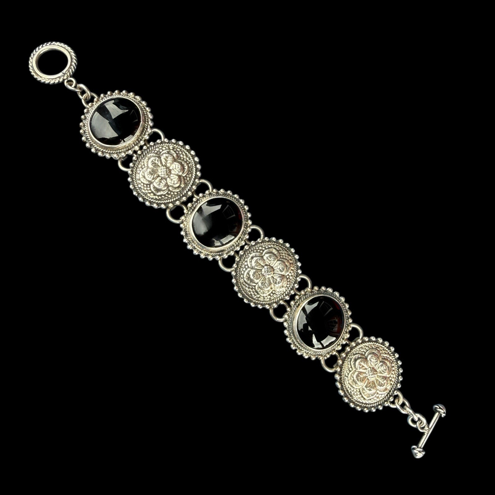 Cll Mexico Black Onyx Gemstone Sterling Silver 925 Floral Bracelet Sz. 7 3/4″