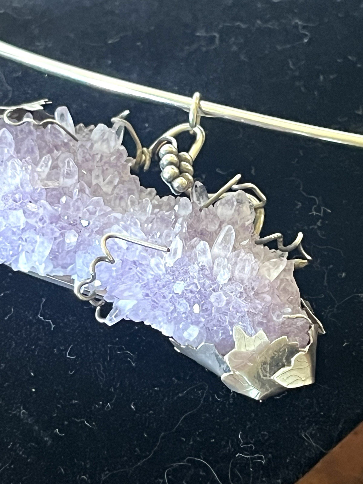 Vtg Arthur King Era MCM Brutalist Sterling Amethyst Druzy Statement Necklace