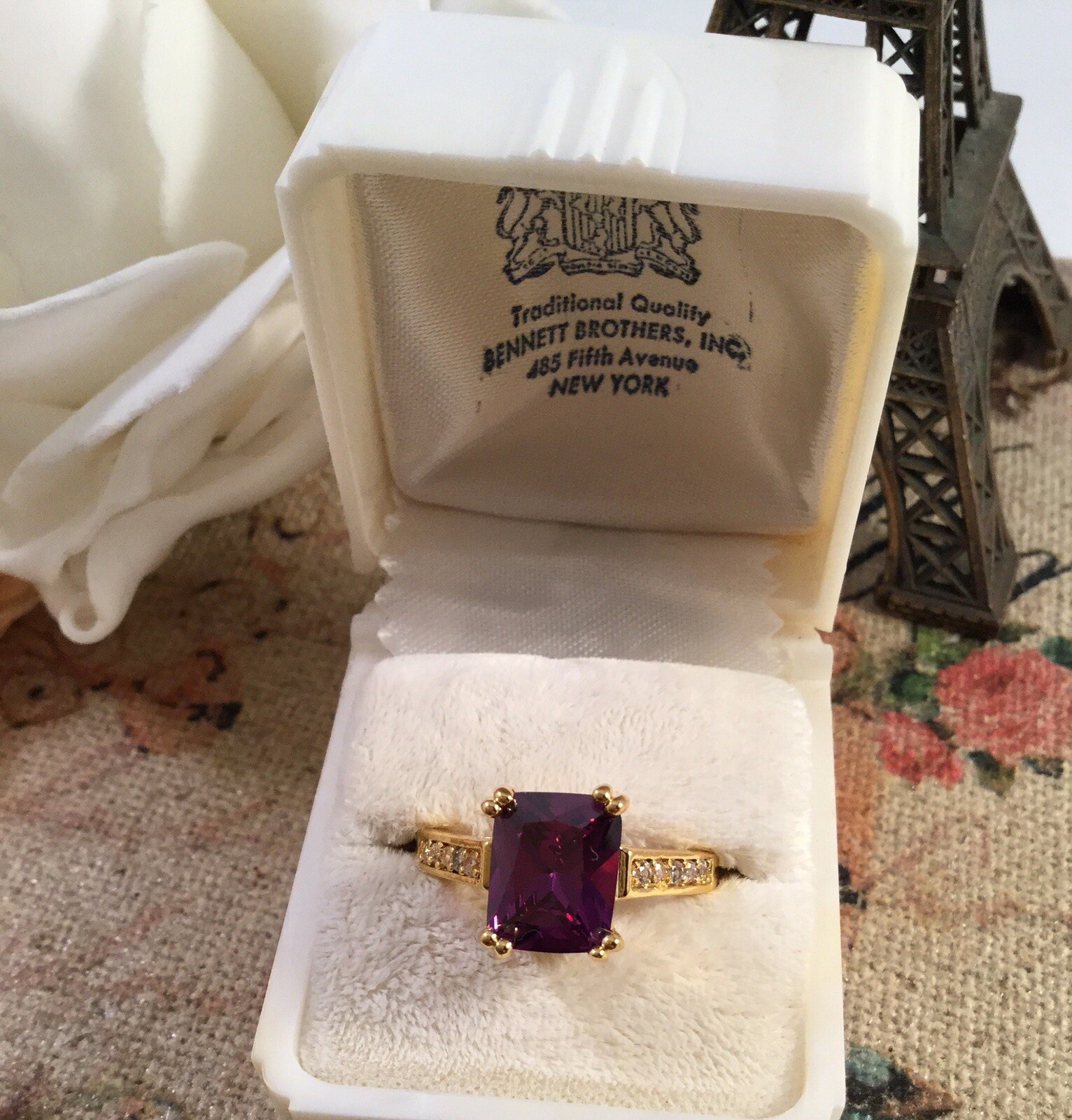 Vintage Jewellery Gold Ring Amethyst White Sapphires Antique Deco Jewelry size 8