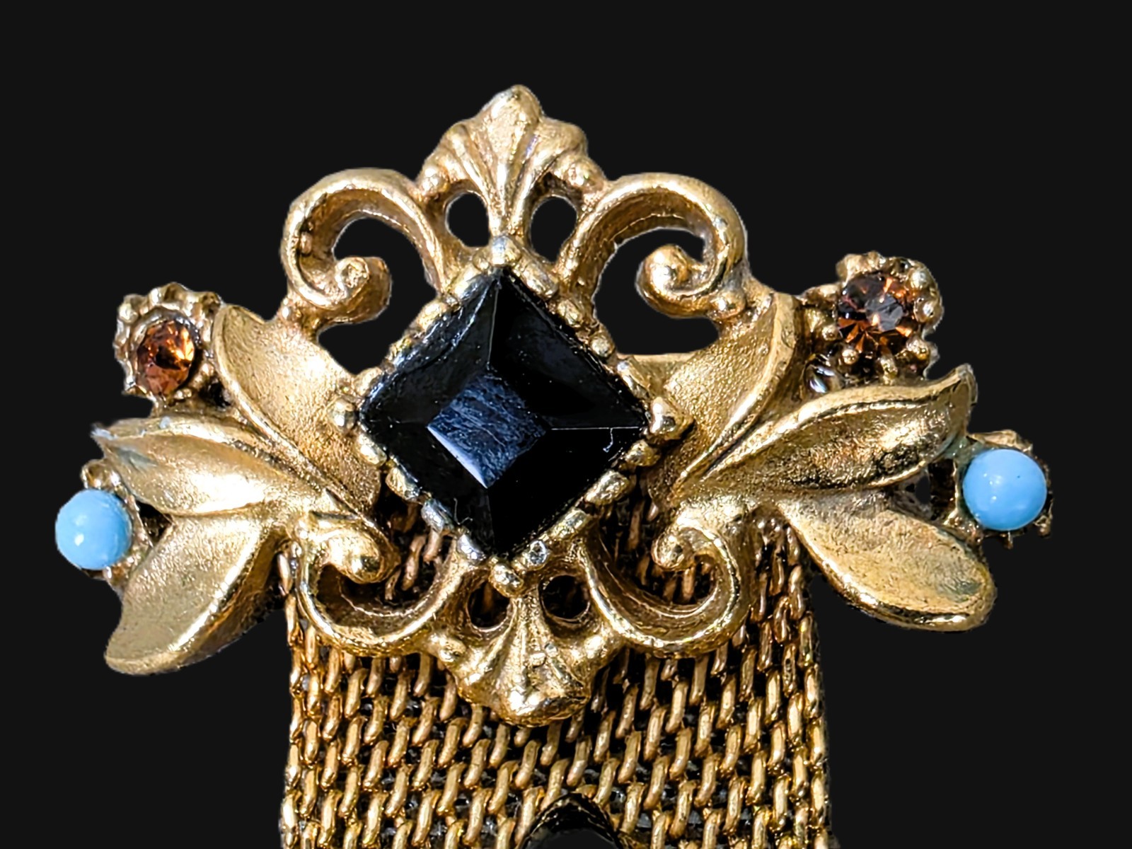 Vintage FLORENZA Rhinestone Heraldic Brooch Mesh Ribbon Pin
