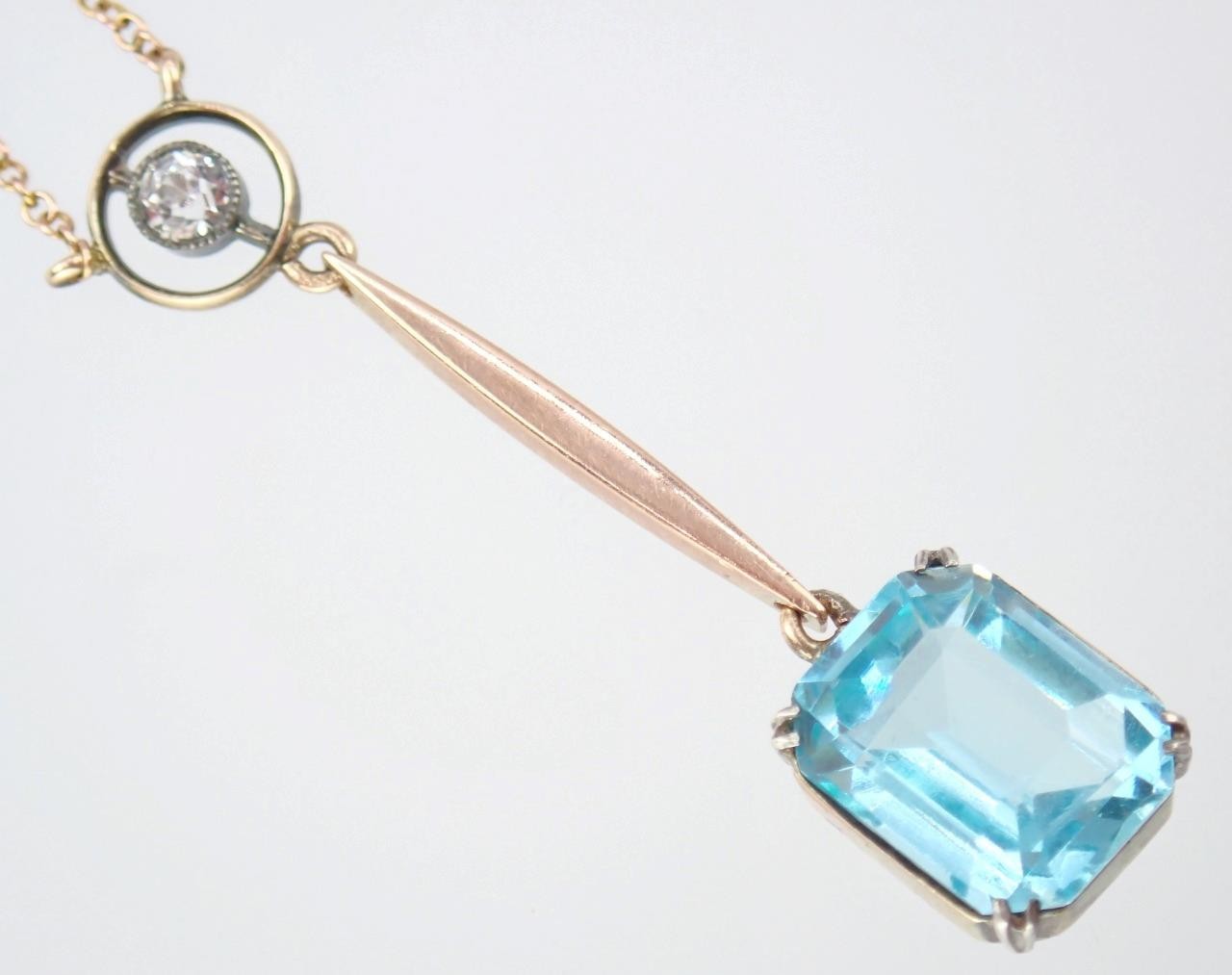 Fab Antique Edwardian Rose Gold Blue Paste White Sapphire Pendant Chain Necklace