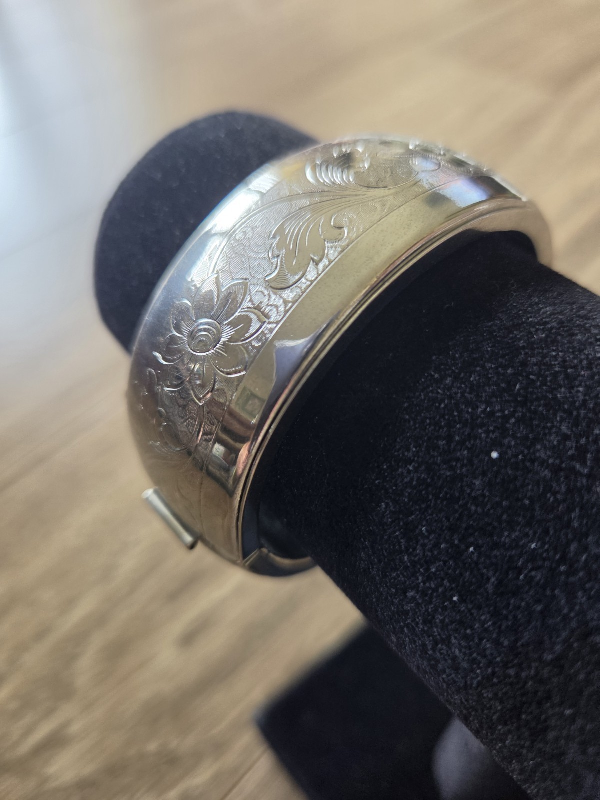 Vintage Silver Tone Cuff Bracelet with Engraving and Safety Chain