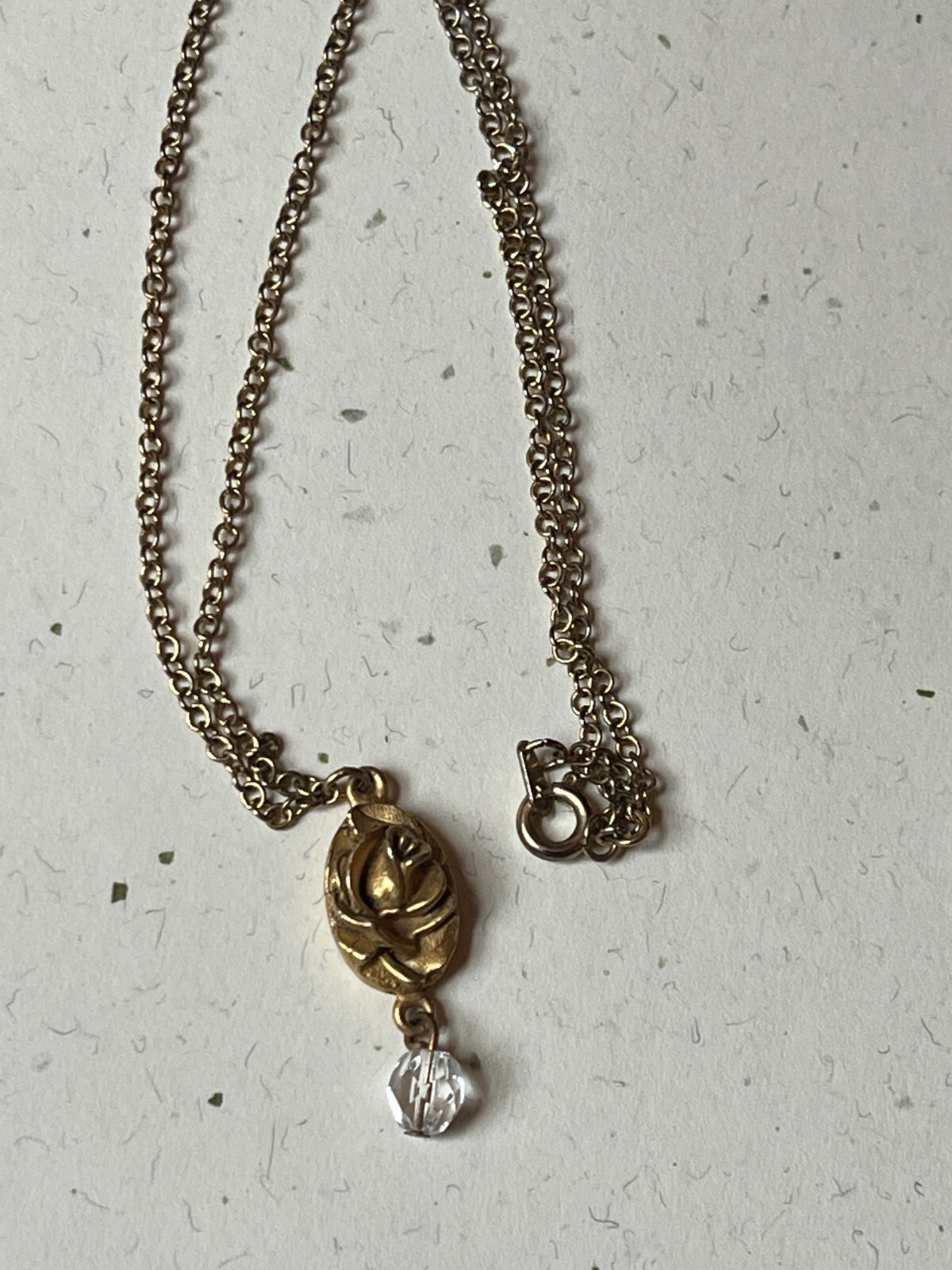 Dainty Goldtone Chain w Small EH Signed Oval Rose Flower & Clear Bead Dangle Pen