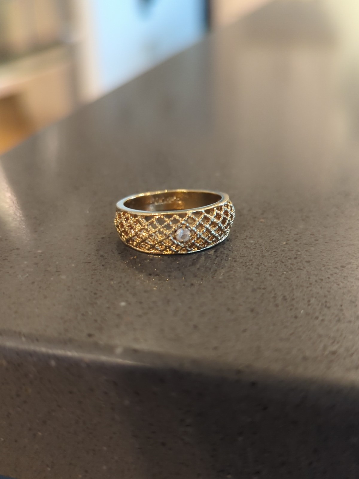 Avon Lattice Lace Rhinestone RING size 7.5 Nickel Free Gold Plated 70s VTG N30