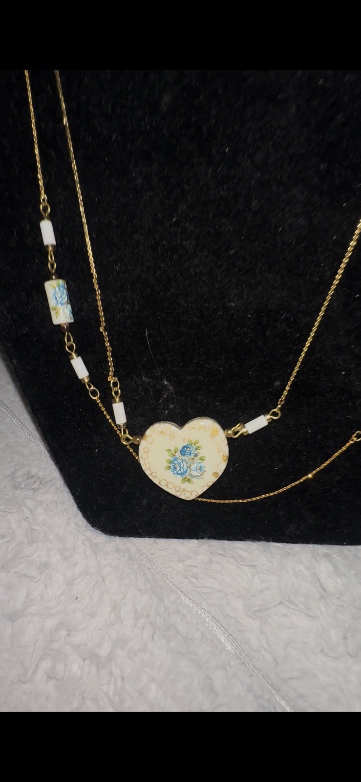Vintage Japanese Tensha Blue Rose Porcelain Heart Necklace With Match Bracelet