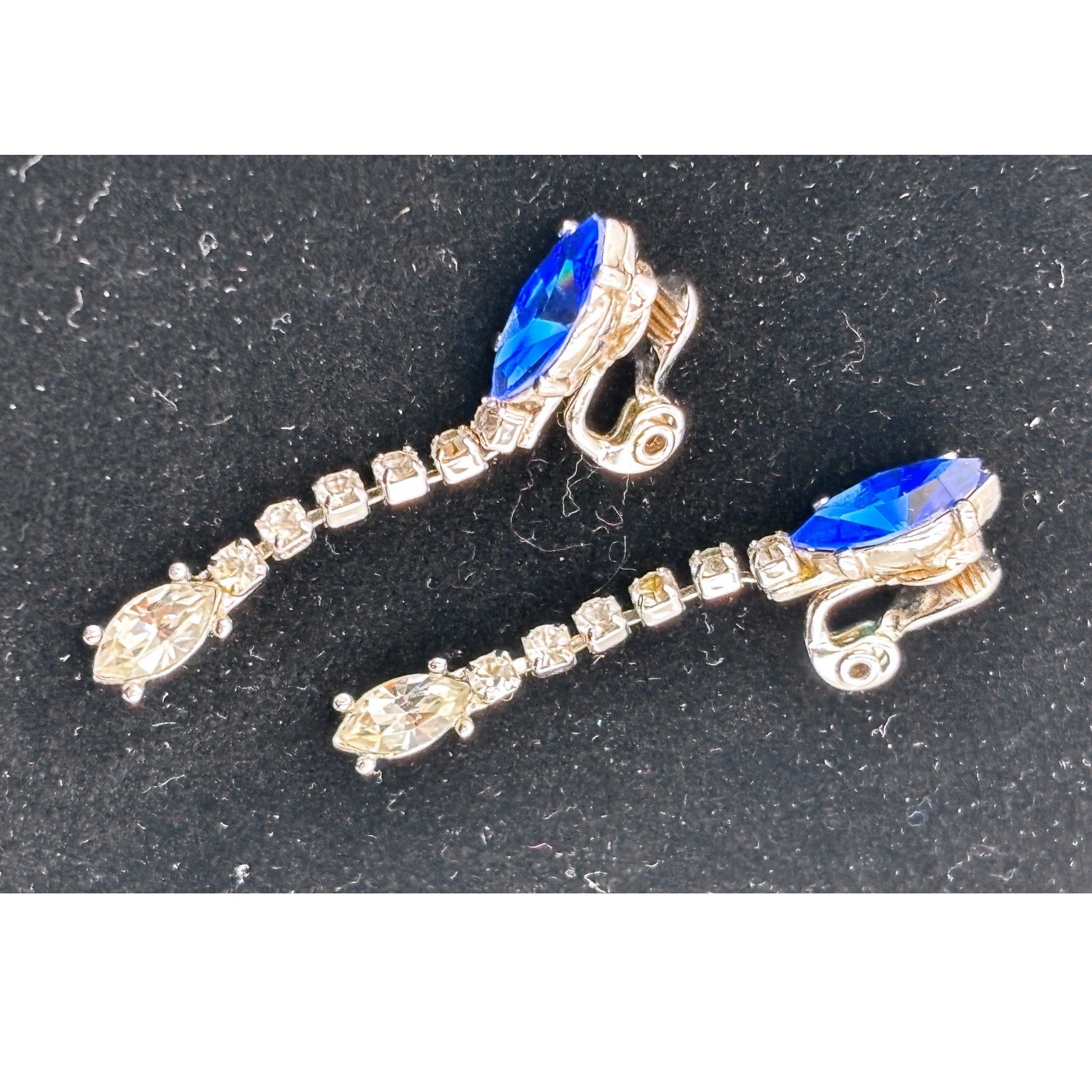 VINTAGE Yves Saint Laurent YSL Vintage Blue Clear Crystal Drop Clip On Earrings