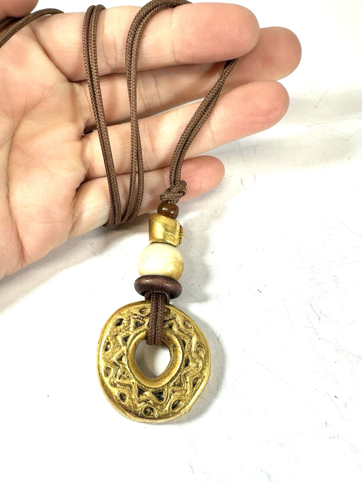 Vintage Necklace Signed EH Etruscan Medallion Circle Goldtone on Cord Earthy