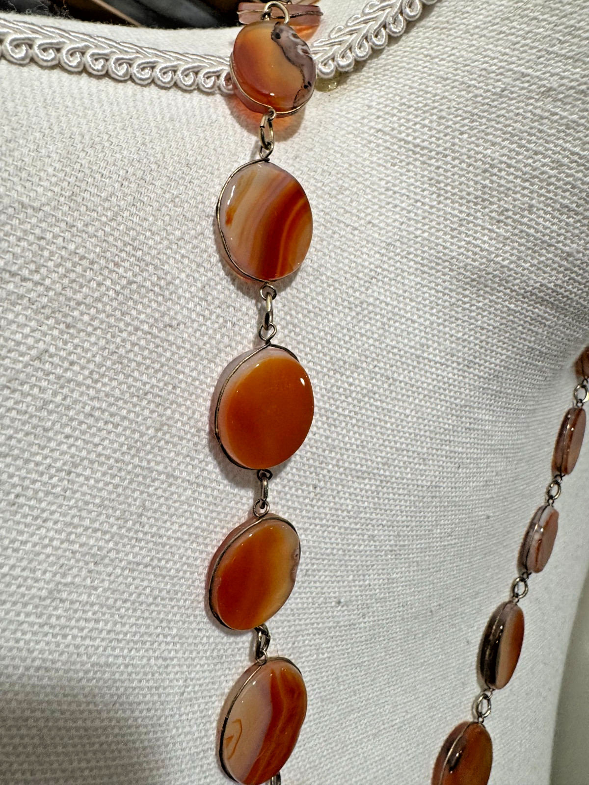 Vtg Polished Tumbled Agate Necklace Orange Brown 26″ Link 1960s 70s Boho Natural