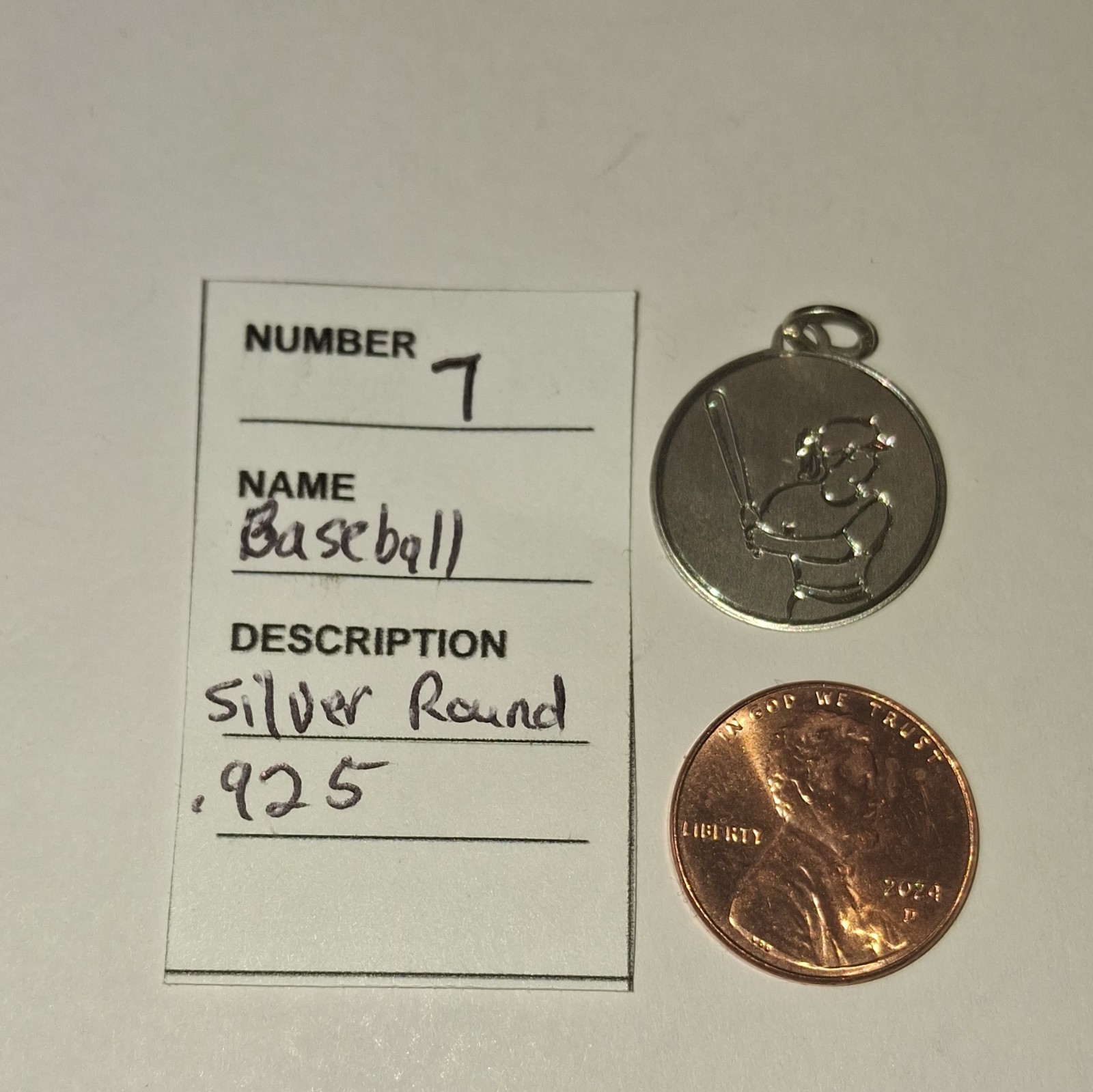 925 Sterling Silver Round Baseball Player Charm Pendant, Signed, No Stone