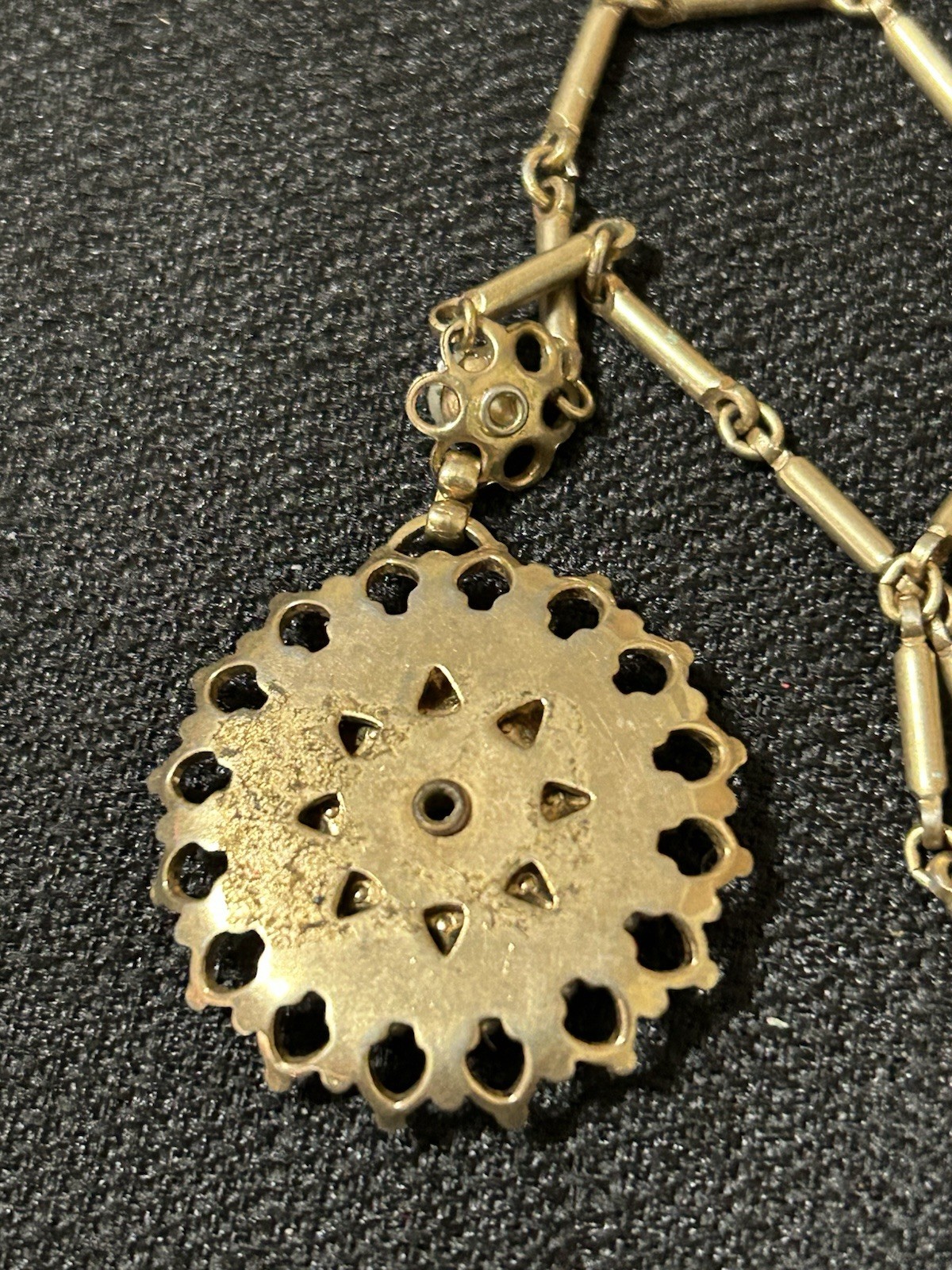 Antique Gold Tone Filigree Hand Painted Rose Faux Pearl Pendant Necklace 14”
