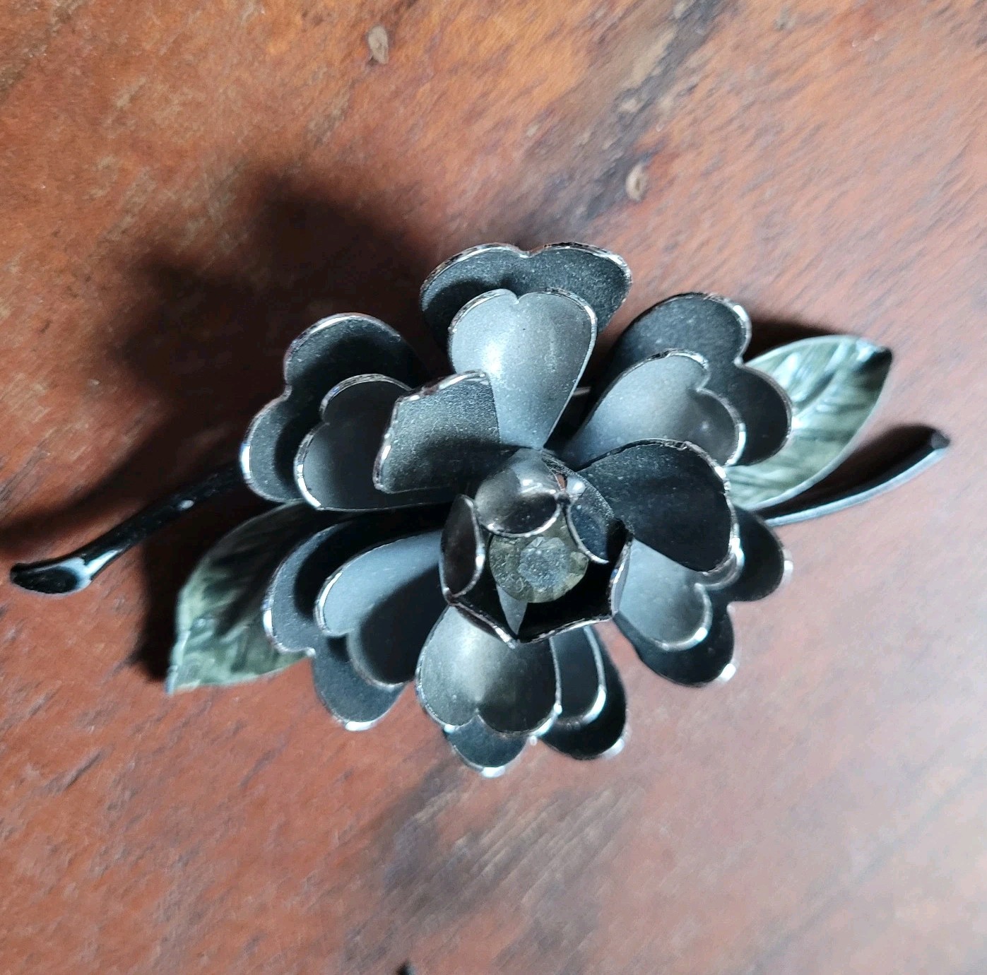 Coro Vintage Enamel Brooch Gothic Floral Pin Black & Silver Gray 1950s Botanical