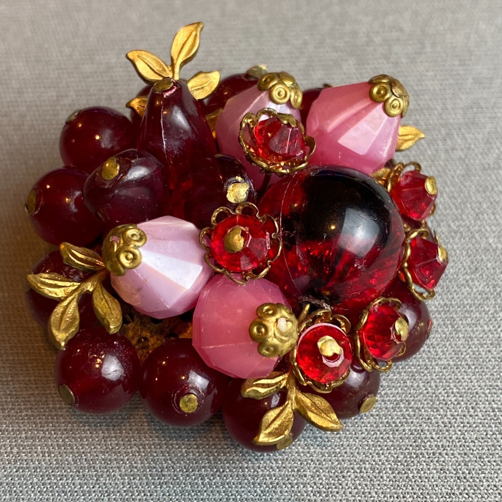 Vintage West Germany Wired Beaded Brooch Frosted Pink & Red Plastic & Gilt Brass