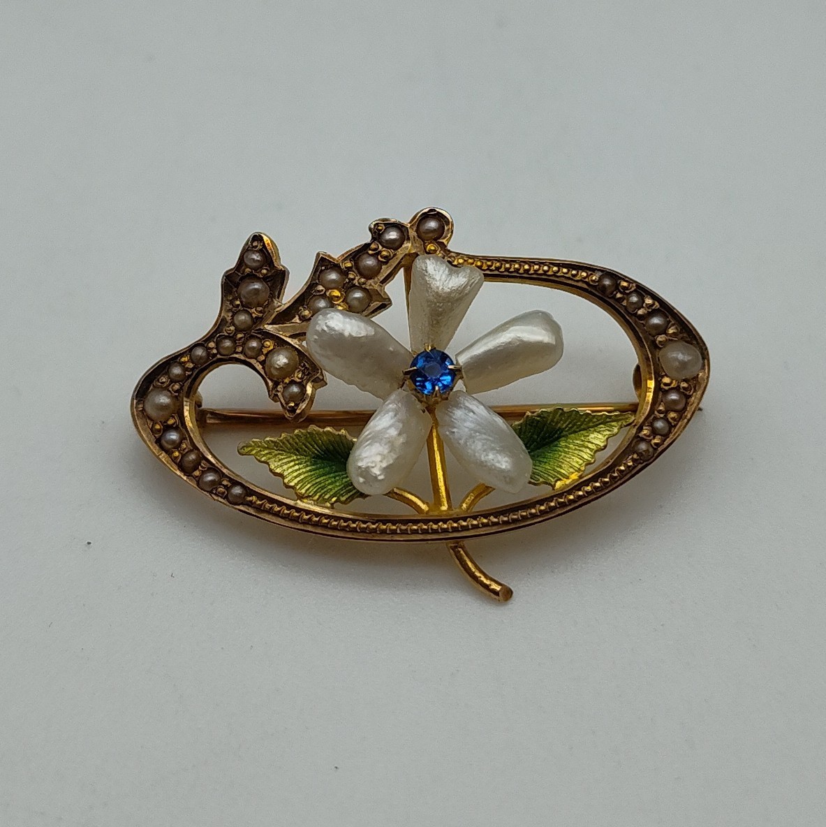 Antique Flower Pearl Blue Stone 10K Yellow Gold Green Enamel Brooch Pin Lapel