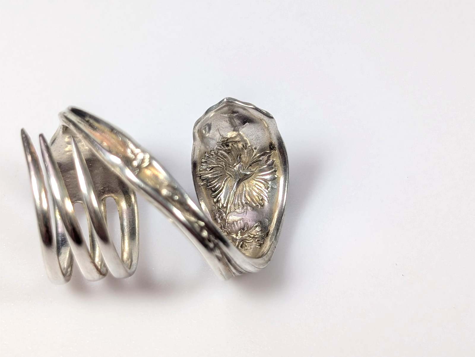 Vtg Silver-Plated William Rogers Oneida Fork Ring Floral Full Bypass Wrap Ring