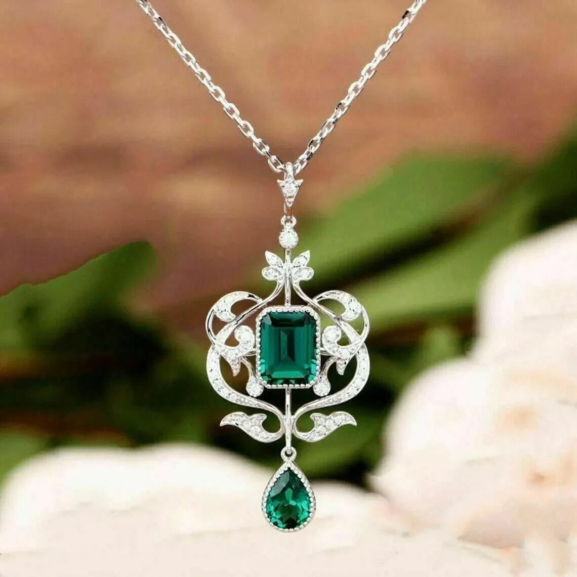Art Deco Party Wear Emerald & Simulated Diamond Wedding 925Silver Gift Pendant