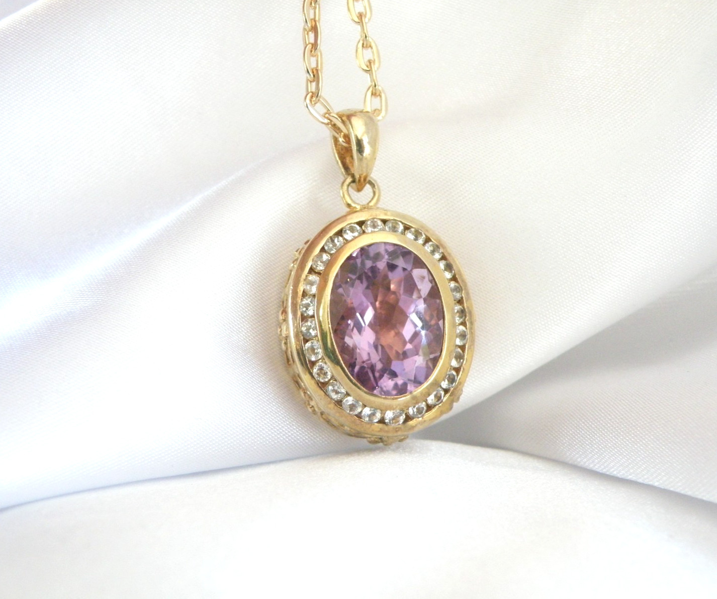 Vintage Sterling Silver 925 Gold on Large Reversible Amethyst Pendant Necklace