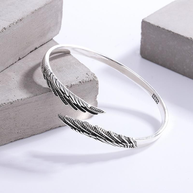 Retro Feather 925 Sterling Silver Open Bracelet, Thai Style Trendy Wings Design