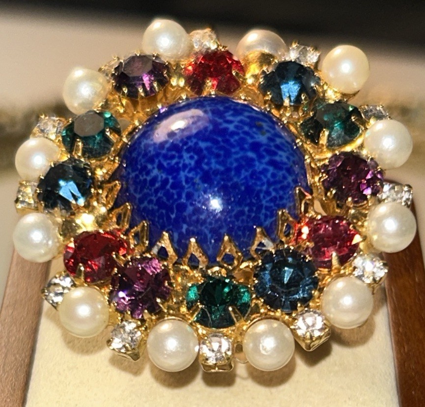 Rare Moans Couture Runway Ring Blue Art Glass Rhinestone Faux Pearl Size 5-6 80s