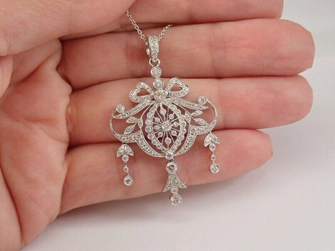 2.1Ct Art Deco Style Round Lab Created Diamond Wedding 14K White Gold FN Pendant