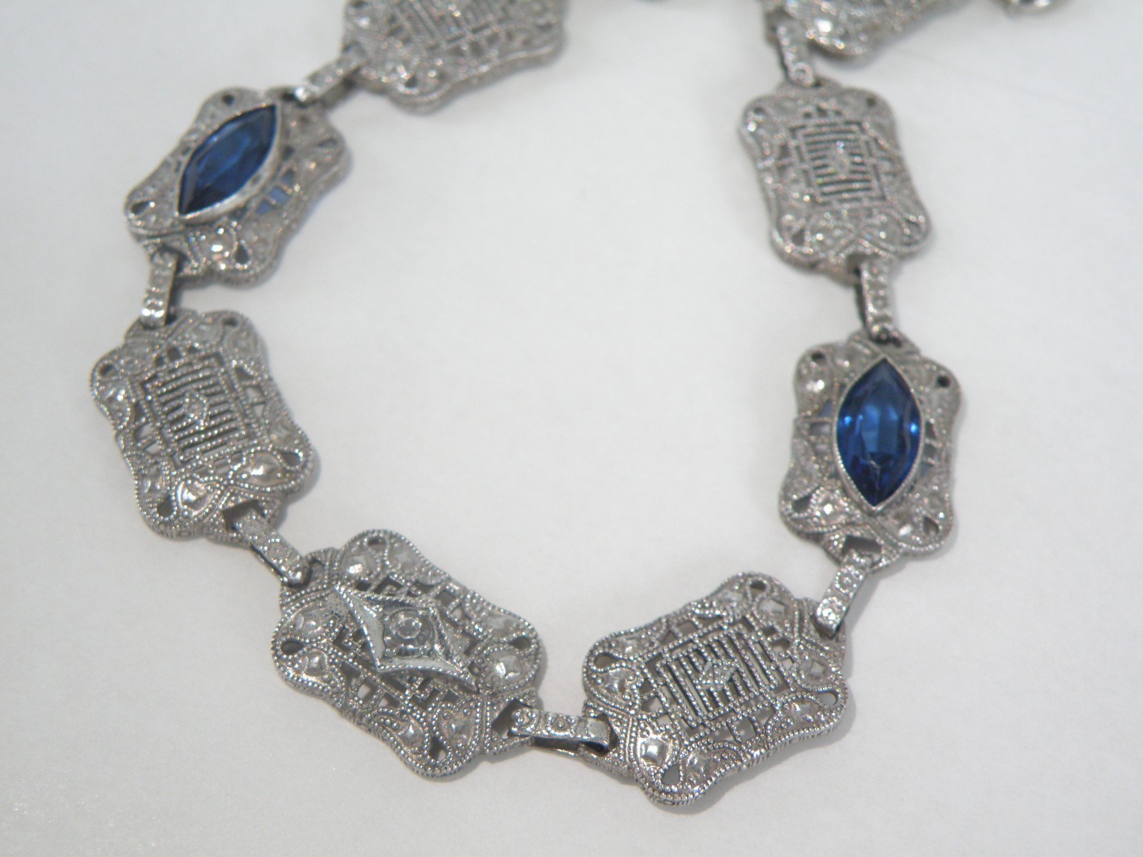 Art Deco Sterling Silver Sapphire Paste Filigree Station Antique Bracelet 7.5″