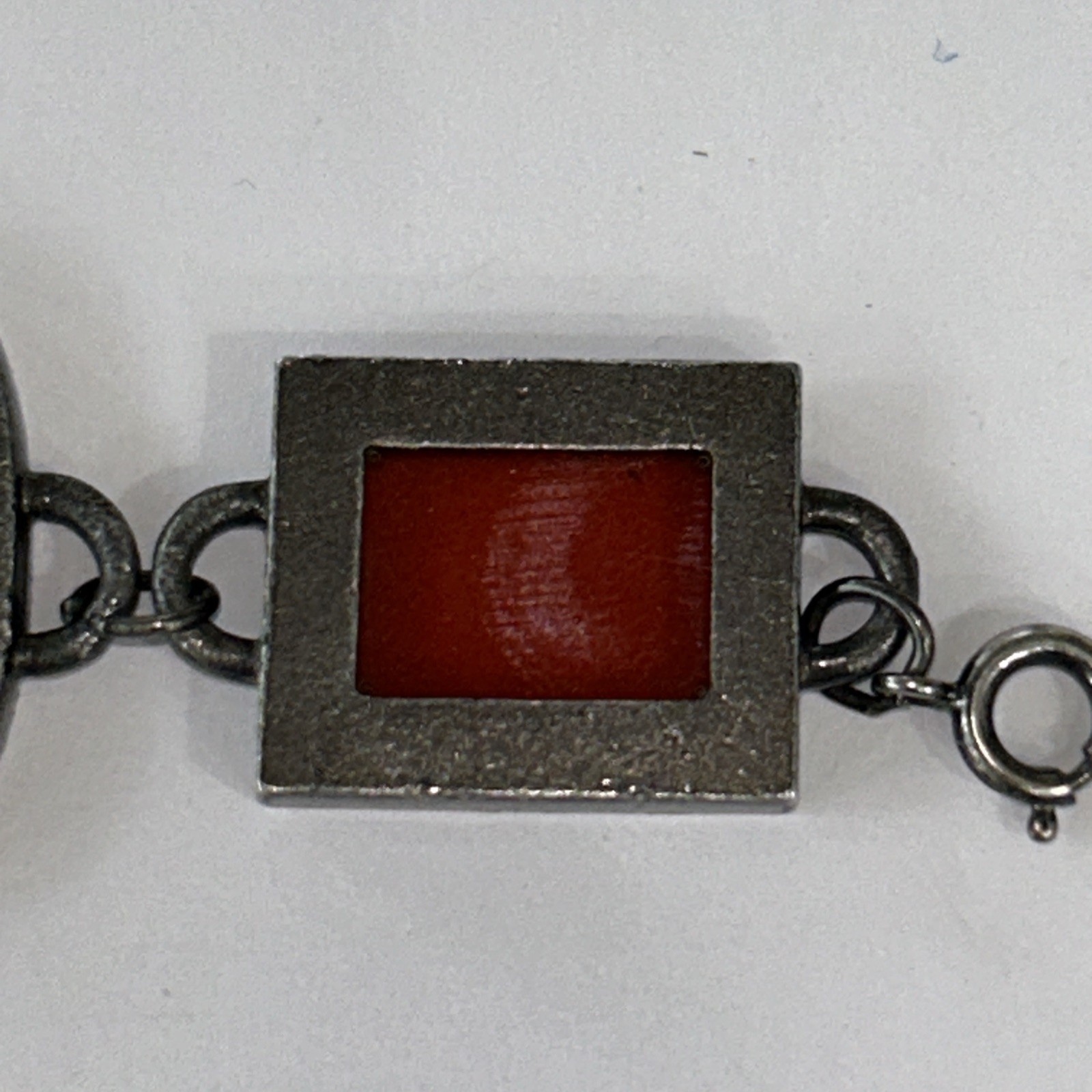 Vintage Bracelet Red Art Glass Retro Era Rectangle Silver Tone