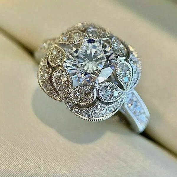 2Ct Art Deco Vintage Style Lab Created Diamond Engagement 14K White Gold FN Ring