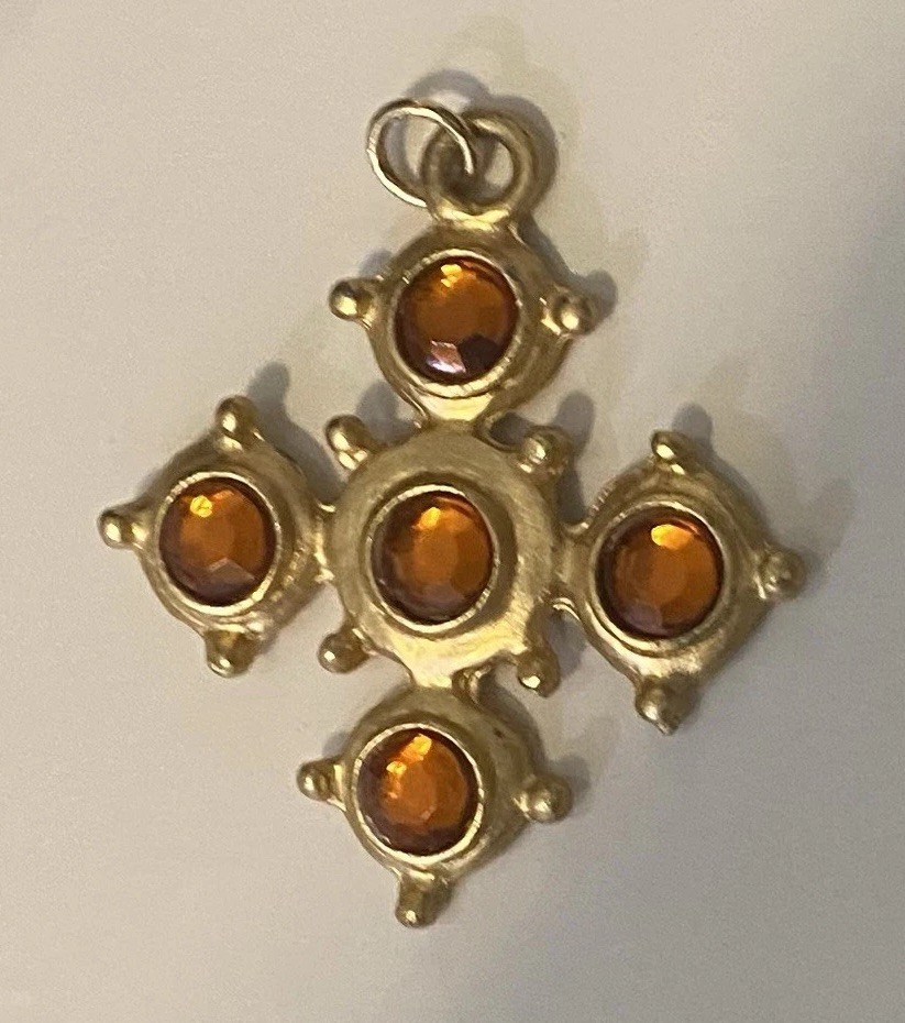 Vintage Pendant Amber Jeweled Maltese Cross Victorian Revival Matte Gold Tone