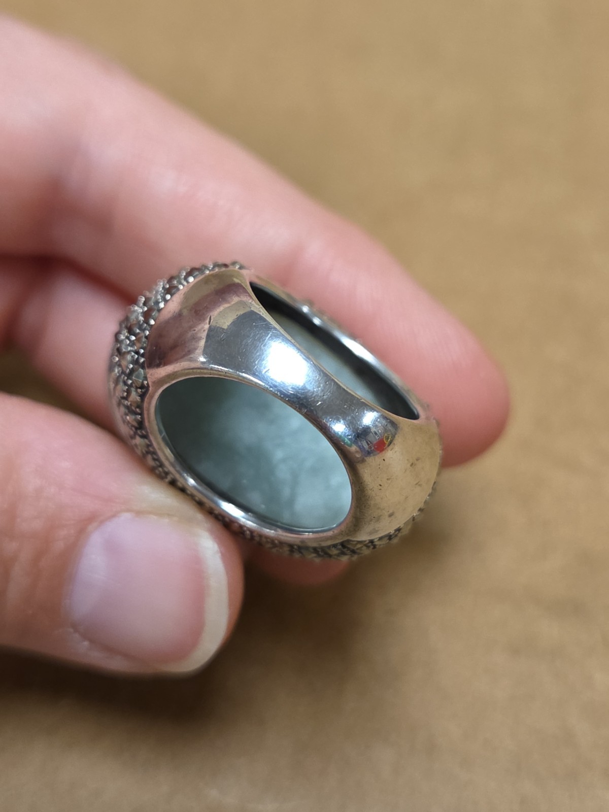 Vintage Green Large Oval Stone Marked Sterling Silver Ring Size 5.75 *SEE PICS